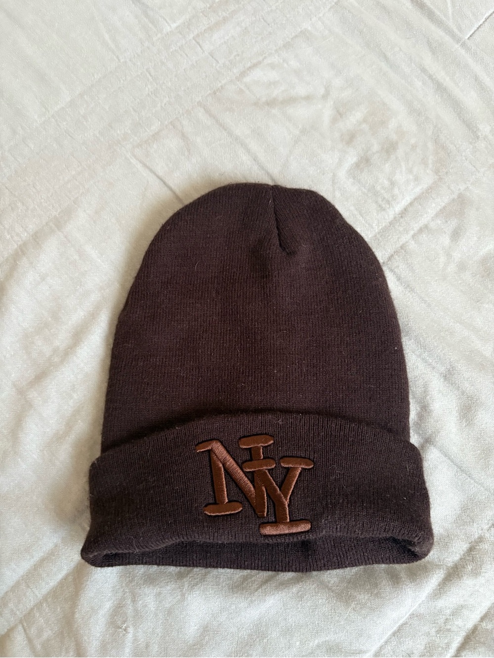 Brown NY Embroidered Knit Beanie - Winter Hat - Unisex